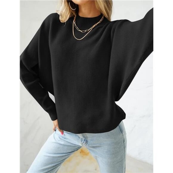 Women's  Fall Turtleneck Batwing Long Sleeve Ribbed Knit Pullover Sweater - Picture 2 of 7